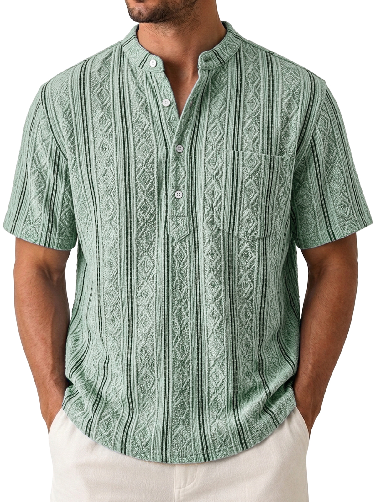 Men's Casual Jacquard Textured Breathable Short Sleeve Henley Shirt
