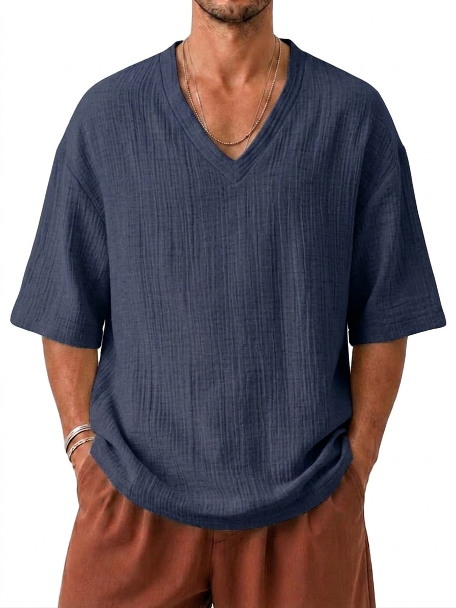 V-Neck Cotton Linen Textured Loose Fit Casual Short Sleeve Top