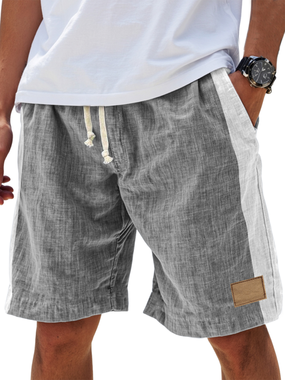 Men's Casual Breathable Linen Embroidered Logo Loose Fitting Vacation Color Blocked Shorts