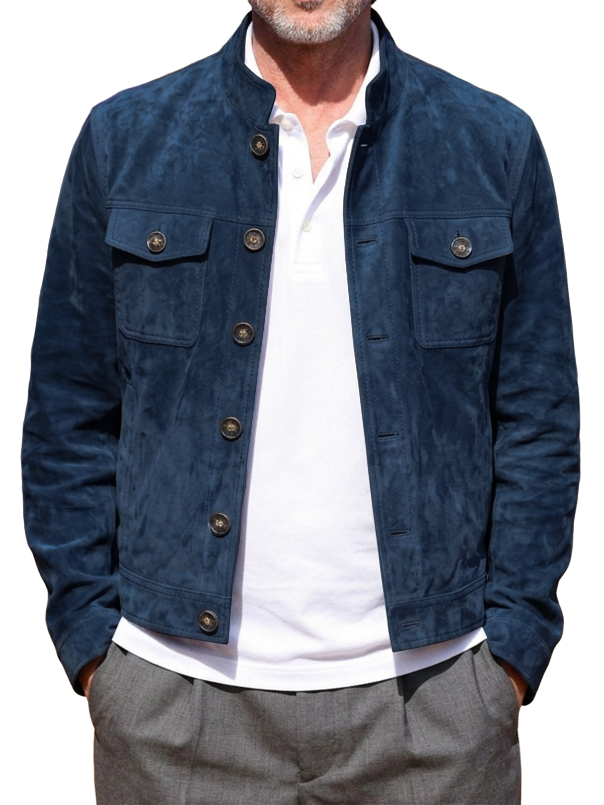 Men's Vintage Suede Double Pocket Stand Collar Fall Jacket