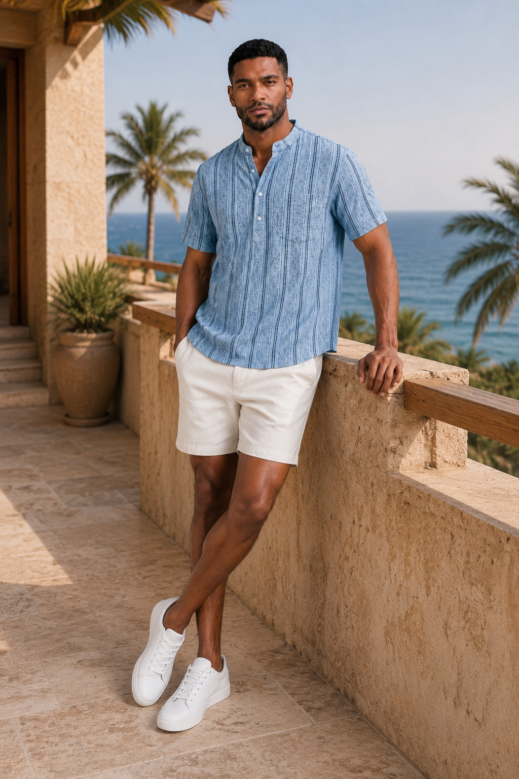 Men's Casual Jacquard Textured Breathable Short Sleeve Henley Shirt
