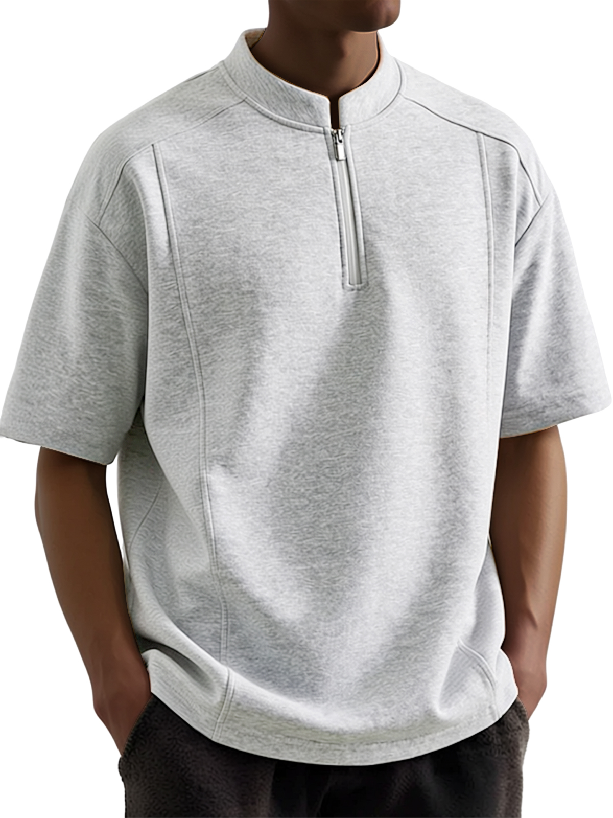 Men's Everyday Casual Deconstructed Design Quarter Zipper Short-Sleeve Henley Shirt