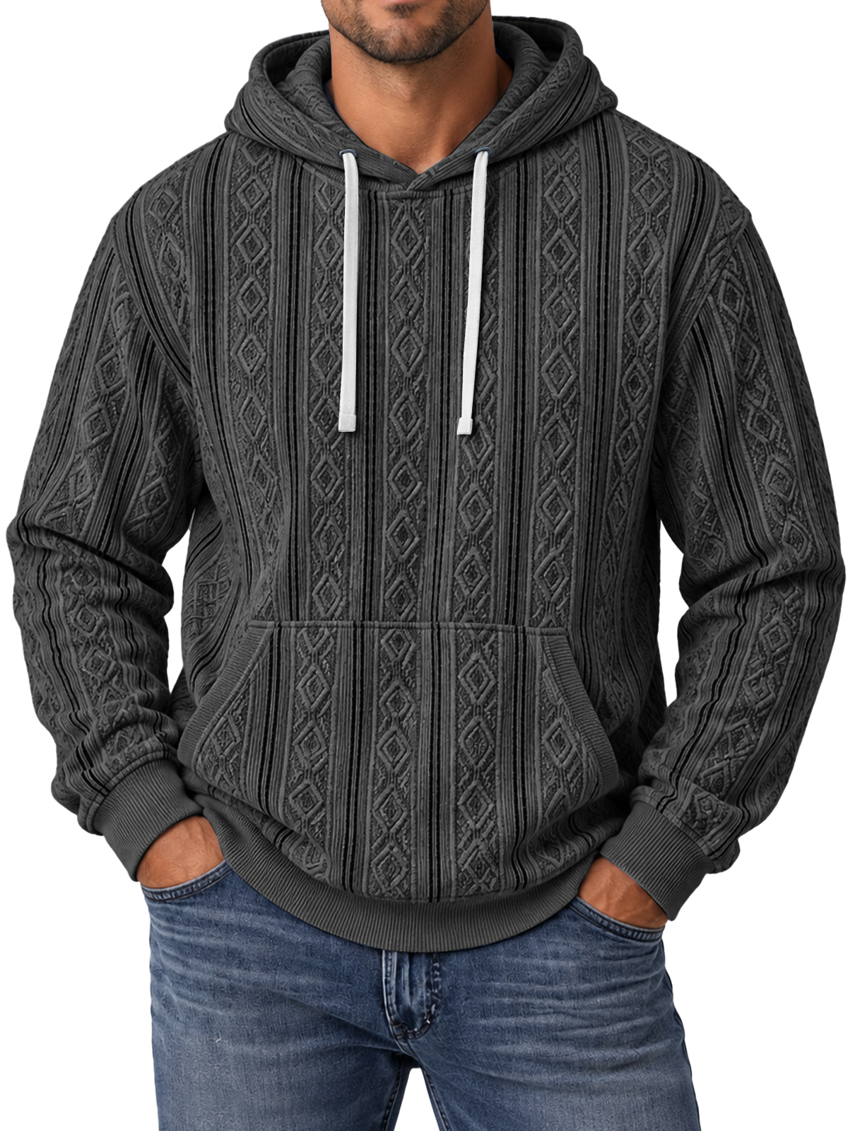 Men's Retro Striped Textured Hooded Sweatshirt