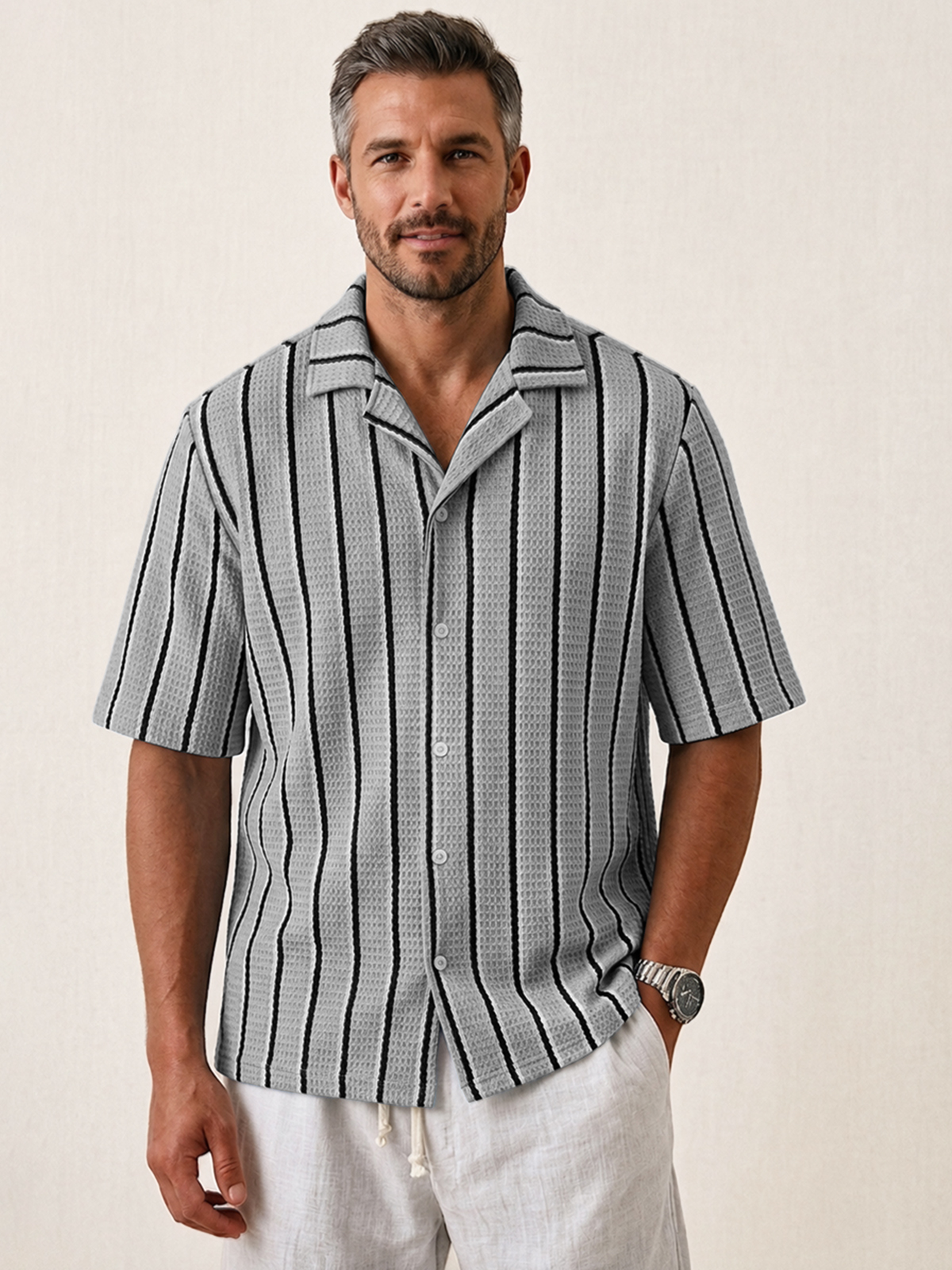Men's Casual Textured Striped Breathable Collared Short-Sleeve Shirt