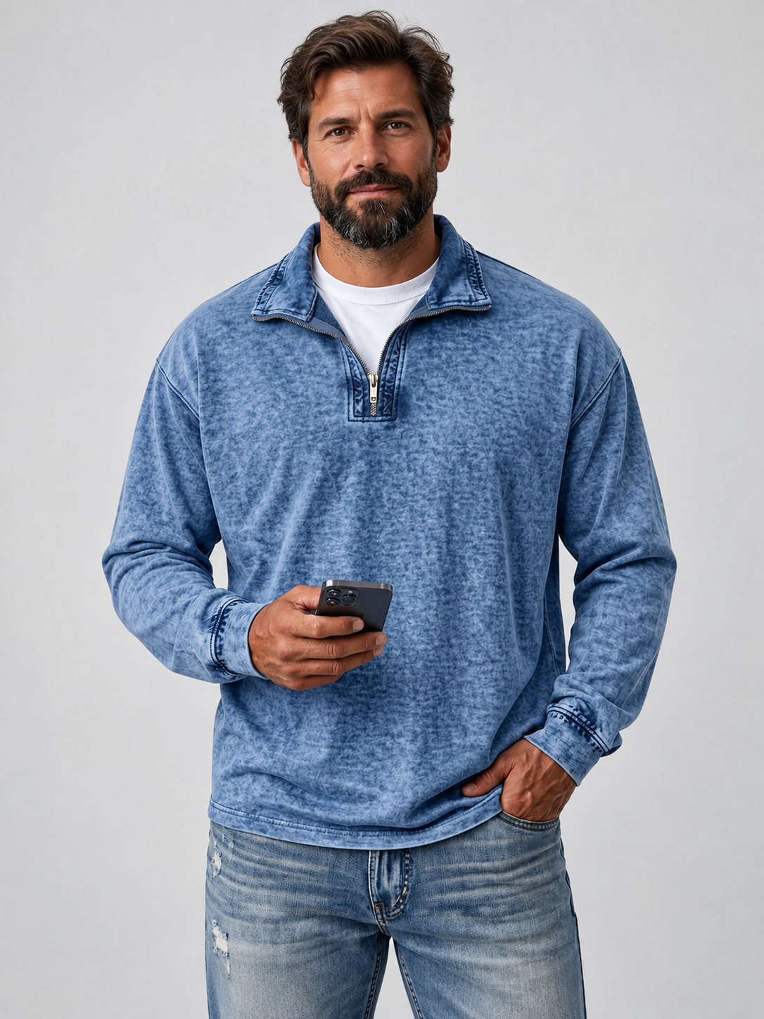Men's Quarter-Zip Washed Distressed Long Sleeve T-Shirt