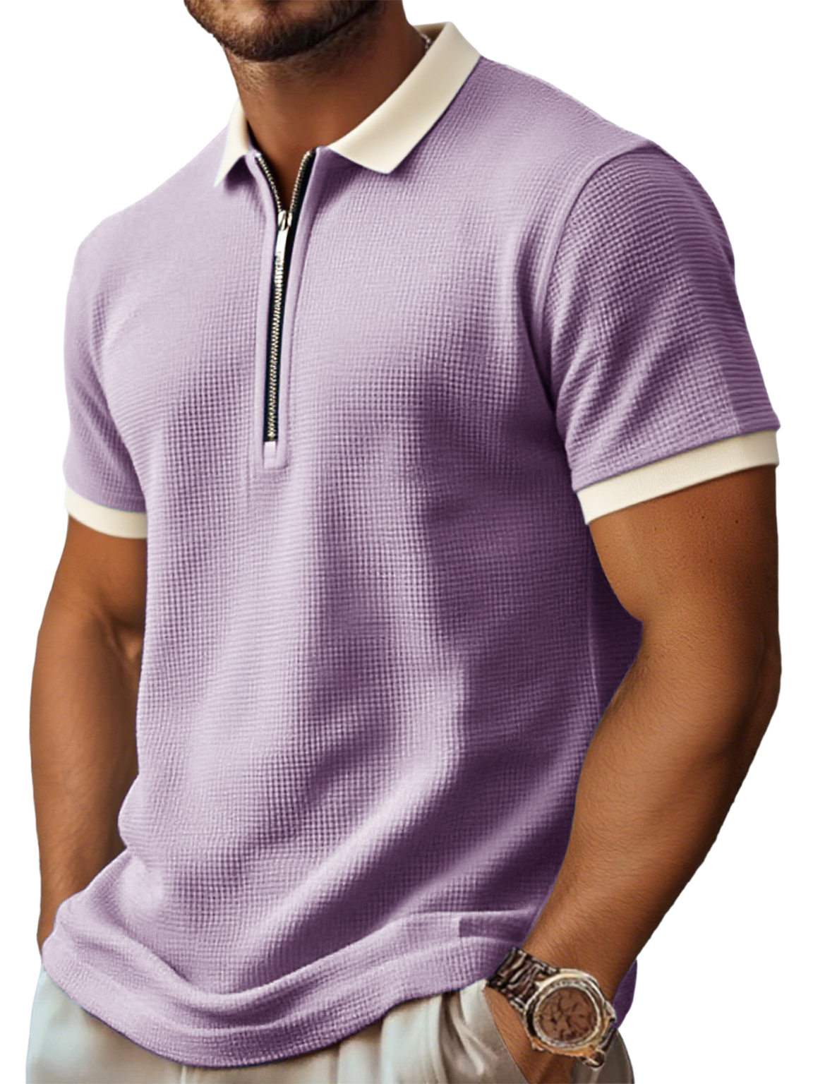 Men's Retro And Stylish Waffle Fabric With A Contrasting Zip-up Polo Shirt