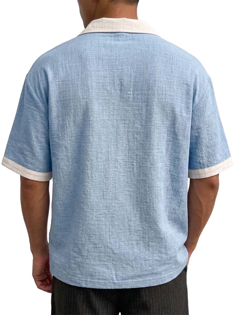 Men's Breathable Linen Color Block Pleated Resort Style Collared Shirt