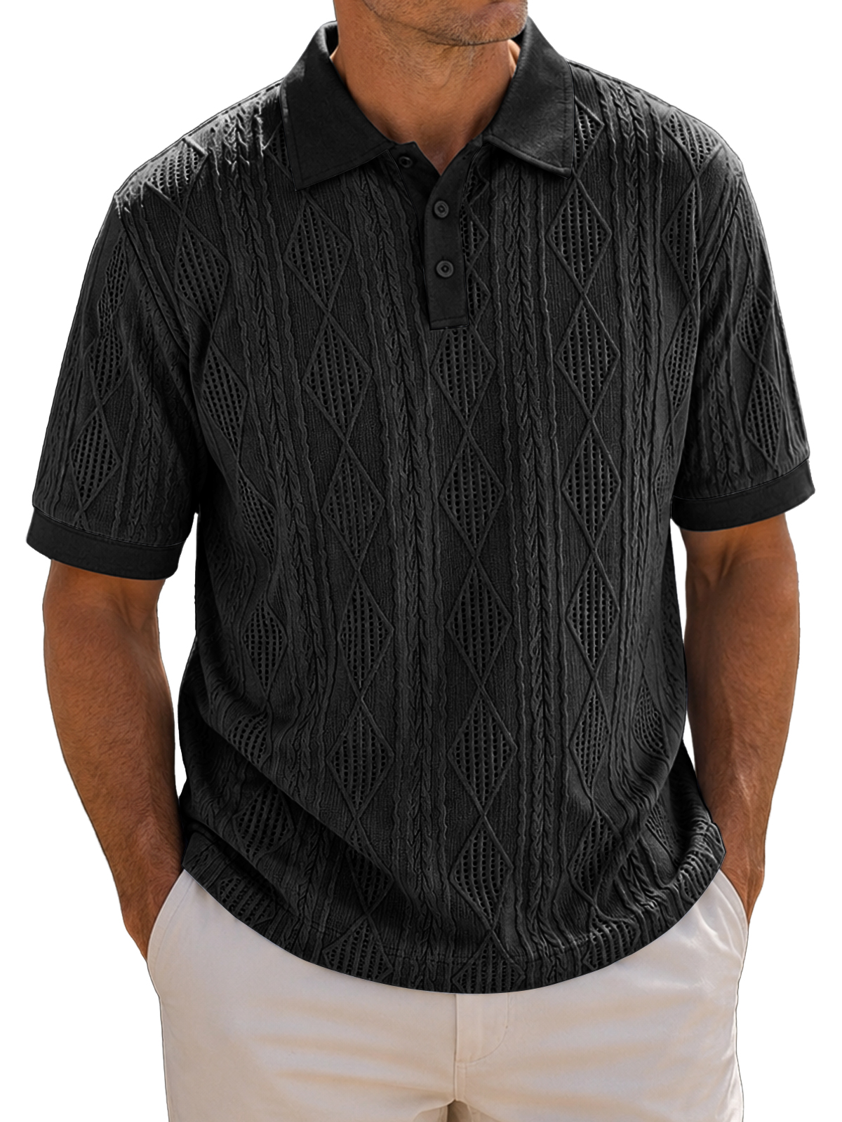Men's Casual Jacquard Textured Breathable Collared Short Sleeve Polo Shirt