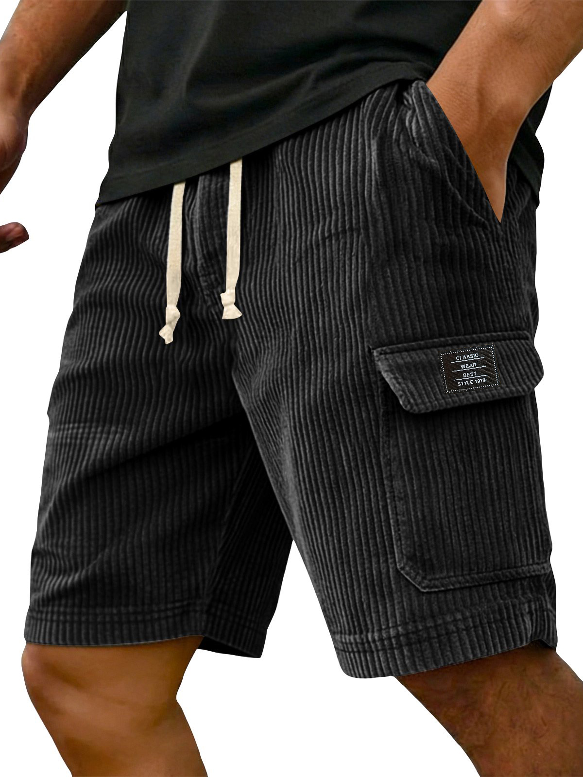 Men's Retro Embroidered Logo Corduroy Multi Pocket Cargo Shorts