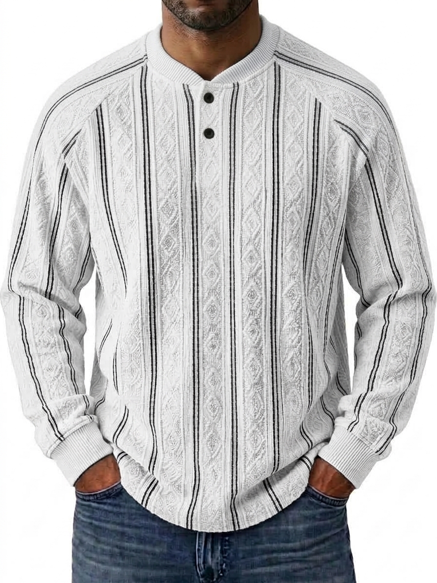 Vintage Striped Textured Vertical Stripe Henley Collar Top