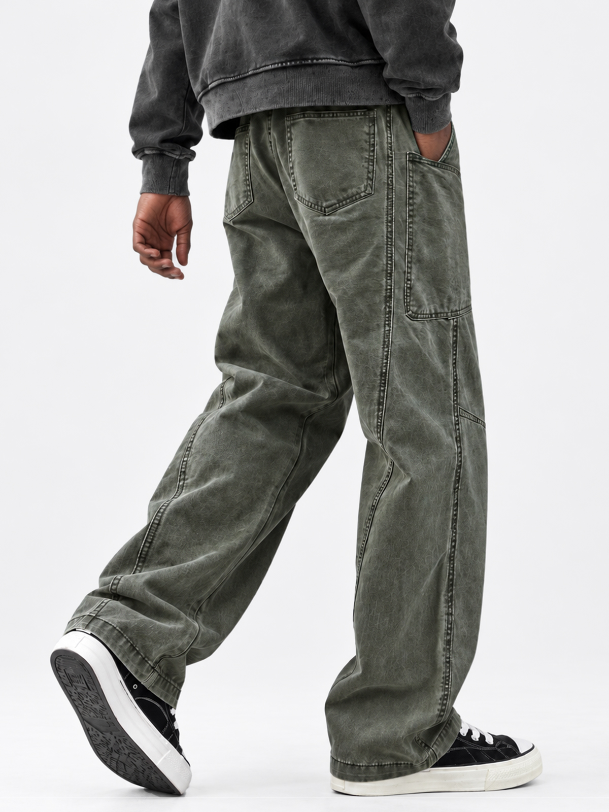 Men's Autumn 100% Cotton Vintage-Washed Multi-Pocket Straight-Leg Trousers