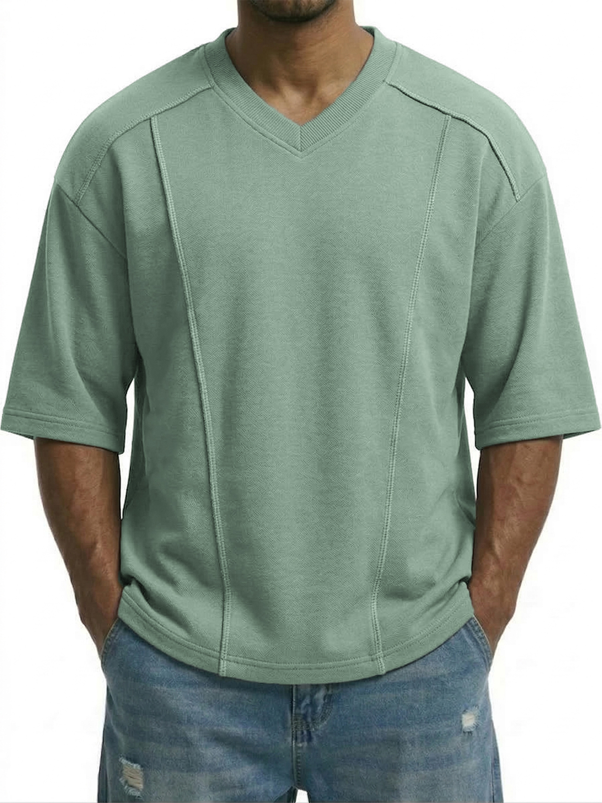 Men's Deconstructed Design Patchwork V-neck Pullover T-shirt