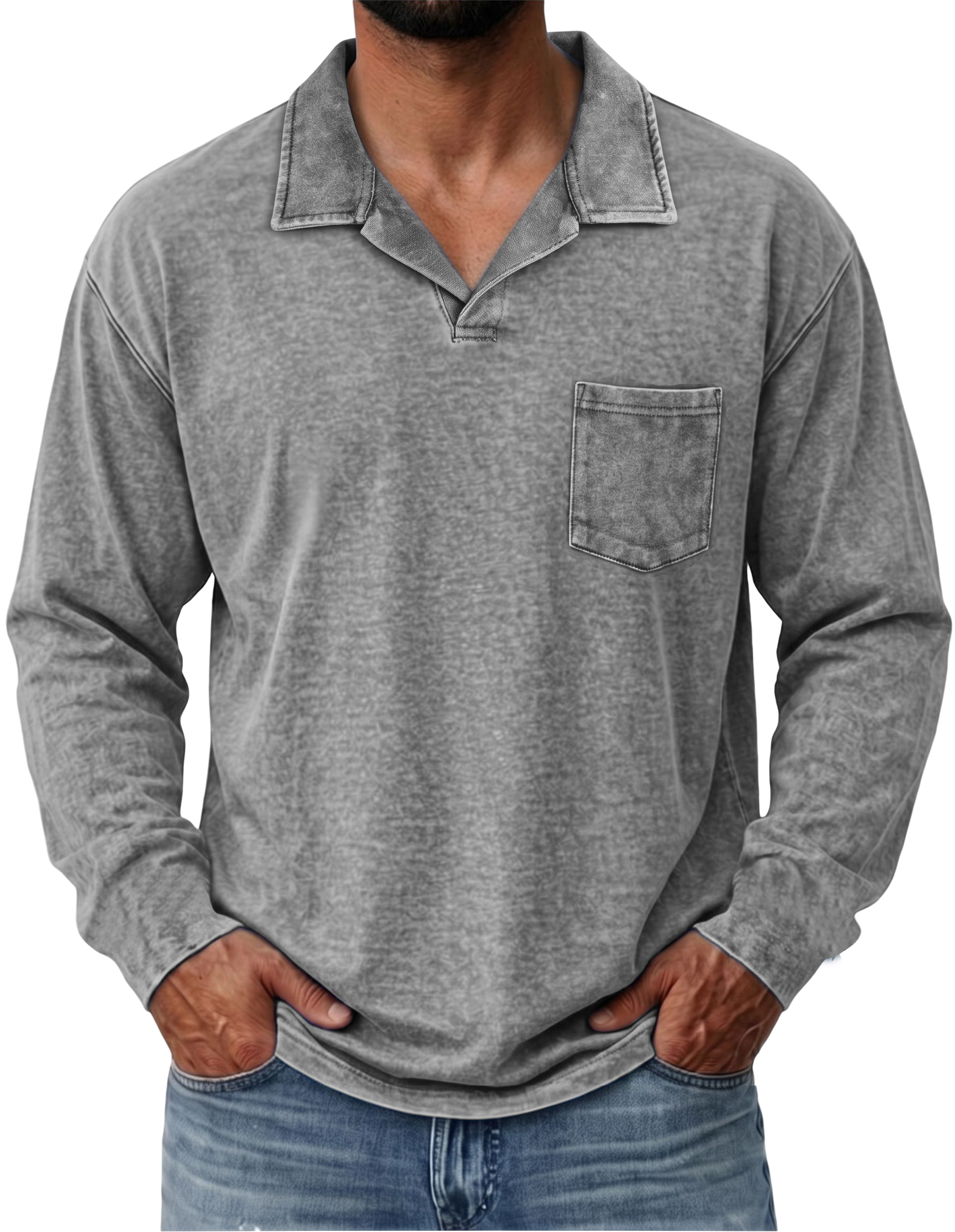 100% Cotton Vintage Washed Collared Pocket Pullover Long Sleeve Polo Shirt