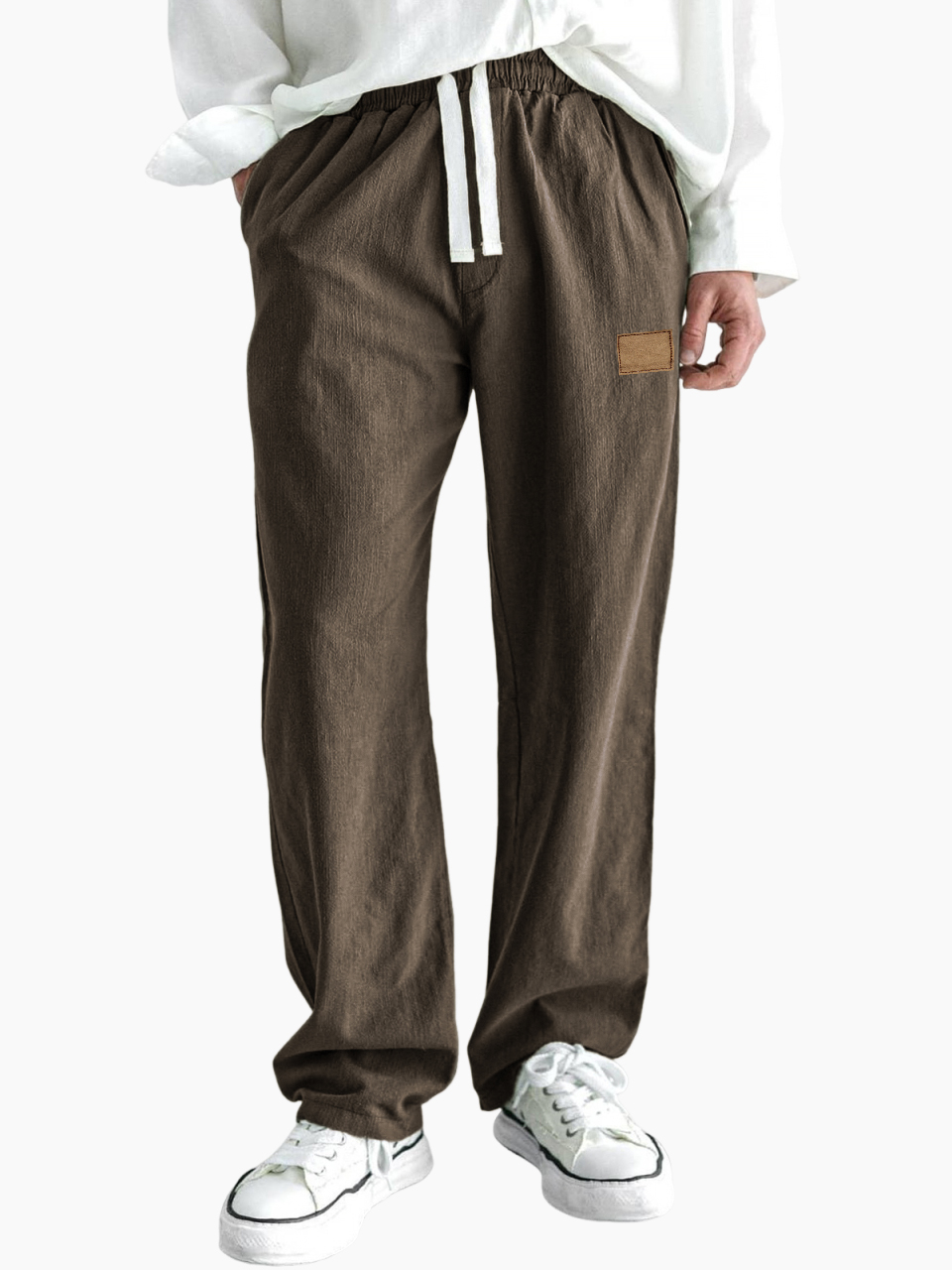 Men's Comfort Linen Embroidered Logo Casual Lace-Up Everyday Trousers with Side Pockets