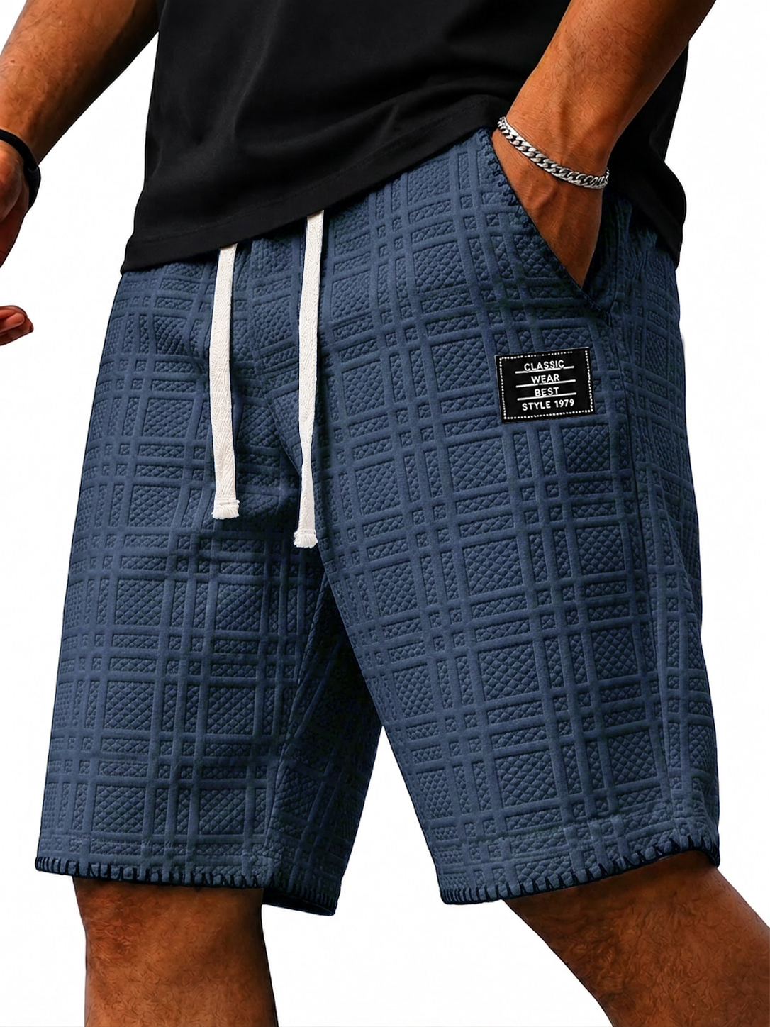 Jacquard Plaid Textured Embroidered Logo Casual Shorts
