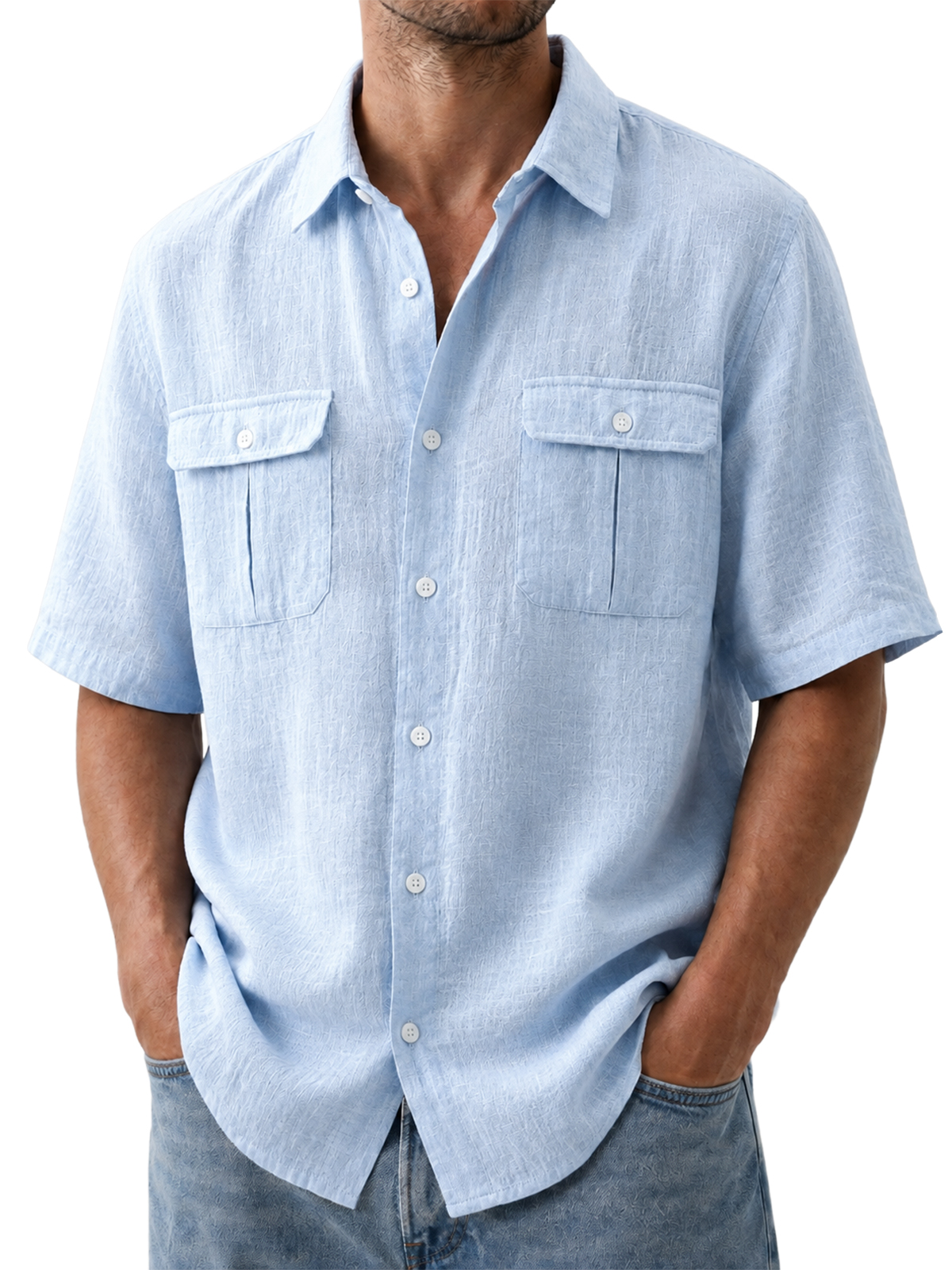 Men's Double Pocket Cotton Linen Casual Short Sleeve Shirt