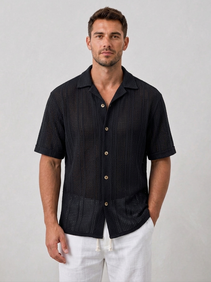 Open Knit Textured Cuban Collar Shirt