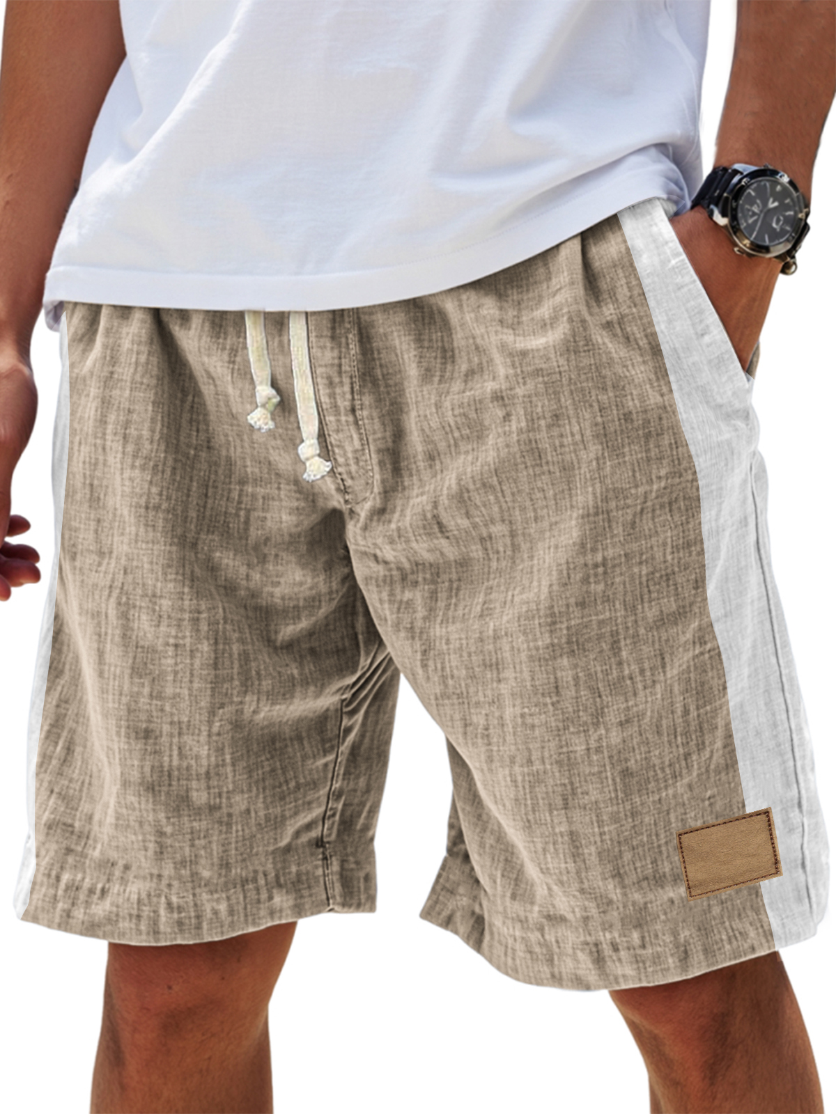 Men's Casual Breathable Linen Embroidered Logo Loose Fitting Vacation Color Blocked Shorts