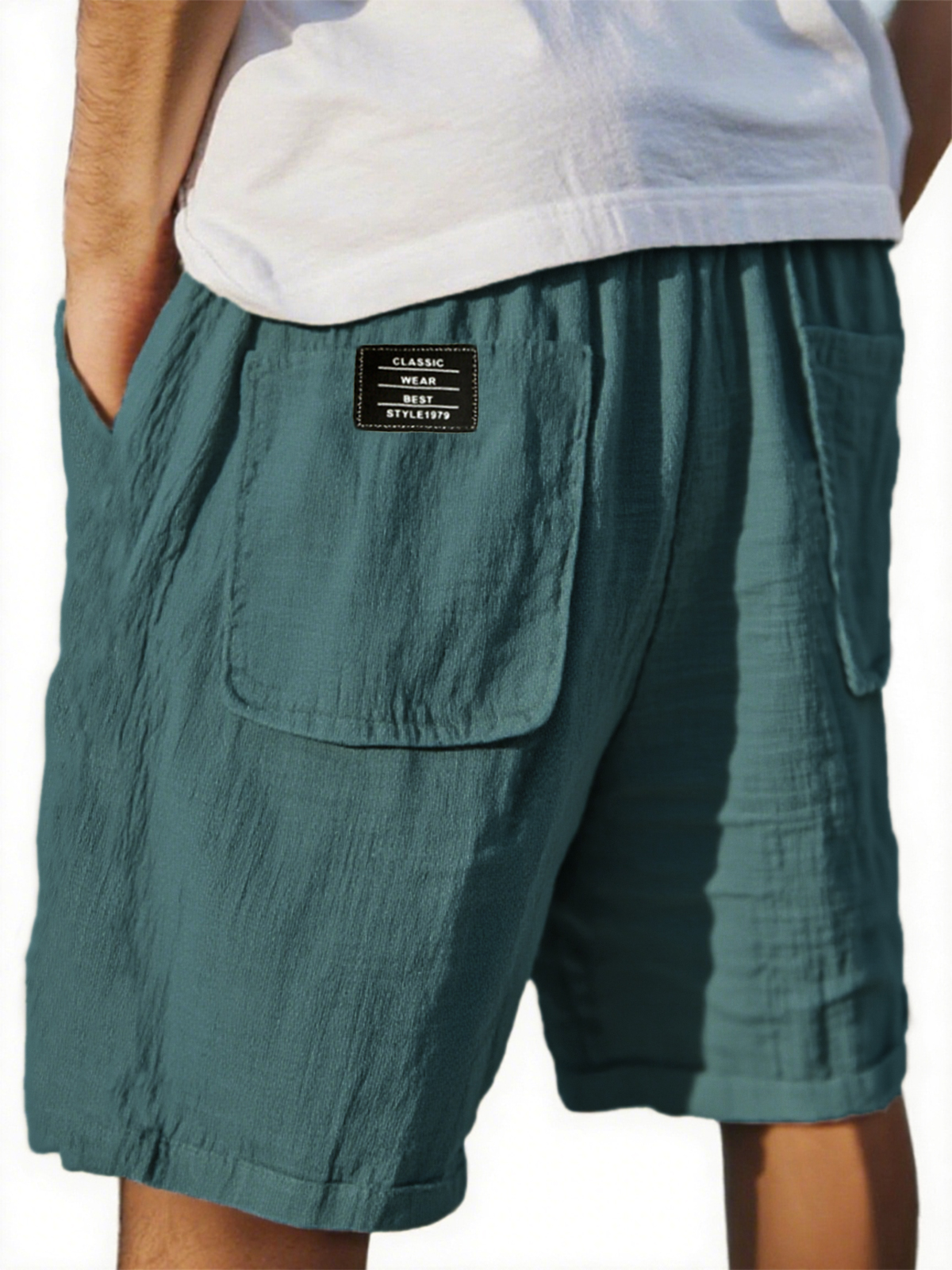 Men's Crinkled Linen Multi-Pocket Embroidered Label Comfort Shorts