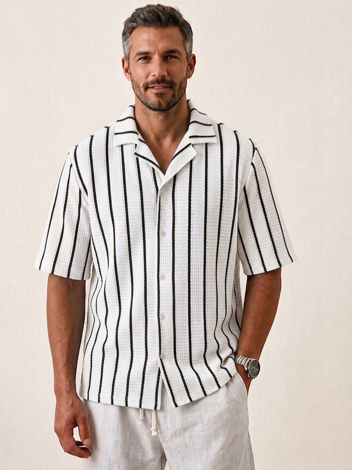 Men's Casual Textured Striped Breathable Collared Short-Sleeve Shirt