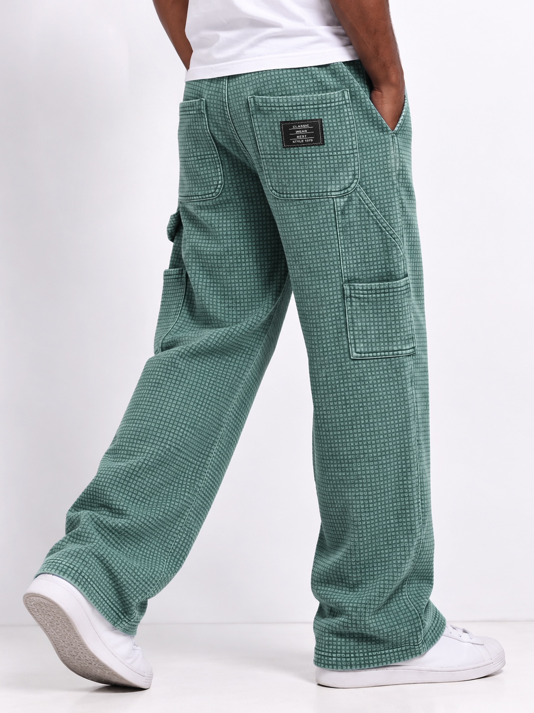 Men's Autumn Vintage Washed Distressed Waffle Knit Multi-Pocket Straight-Leg Pants