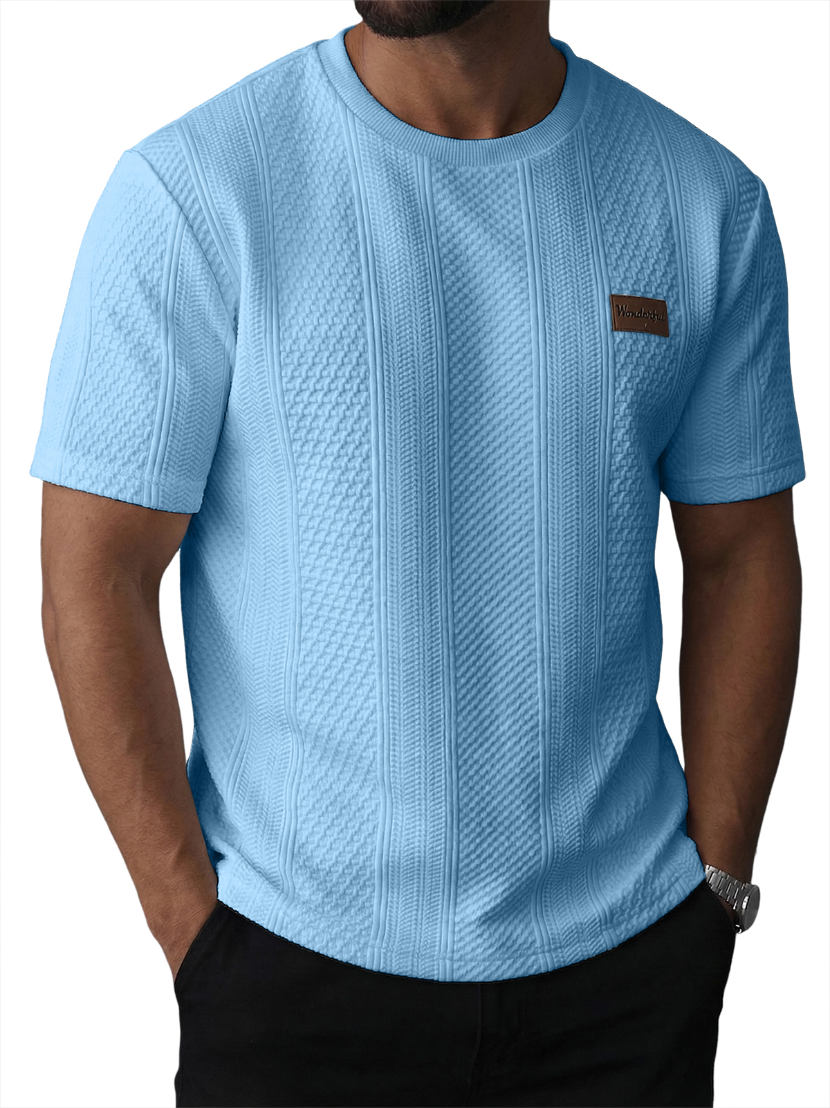 Men's Striped Jacquard Textured Casual Crew Neck Short-Sleeve T-Shirt