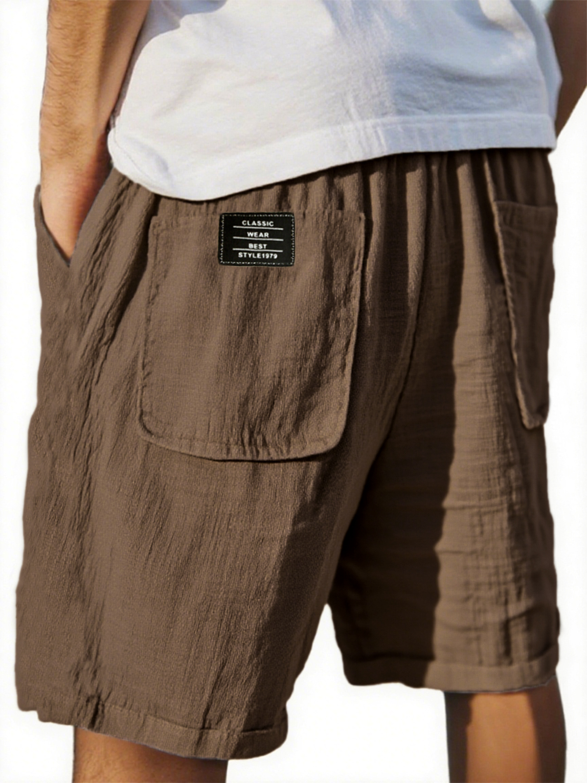 Men's Crinkled Linen Multi-Pocket Embroidered Label Comfort Shorts