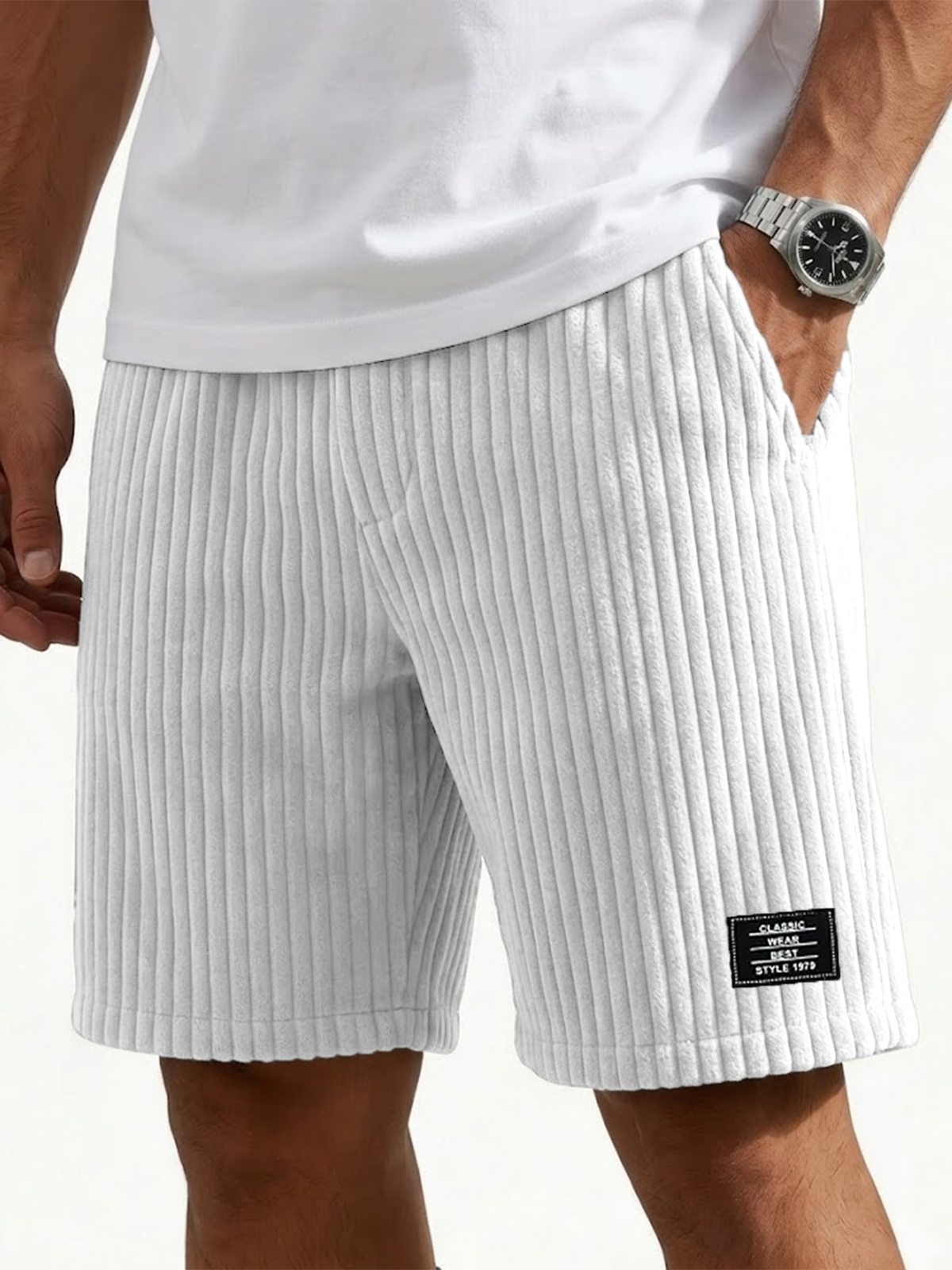 Men's Ribbed Fashion Shorts with Embroidered Design