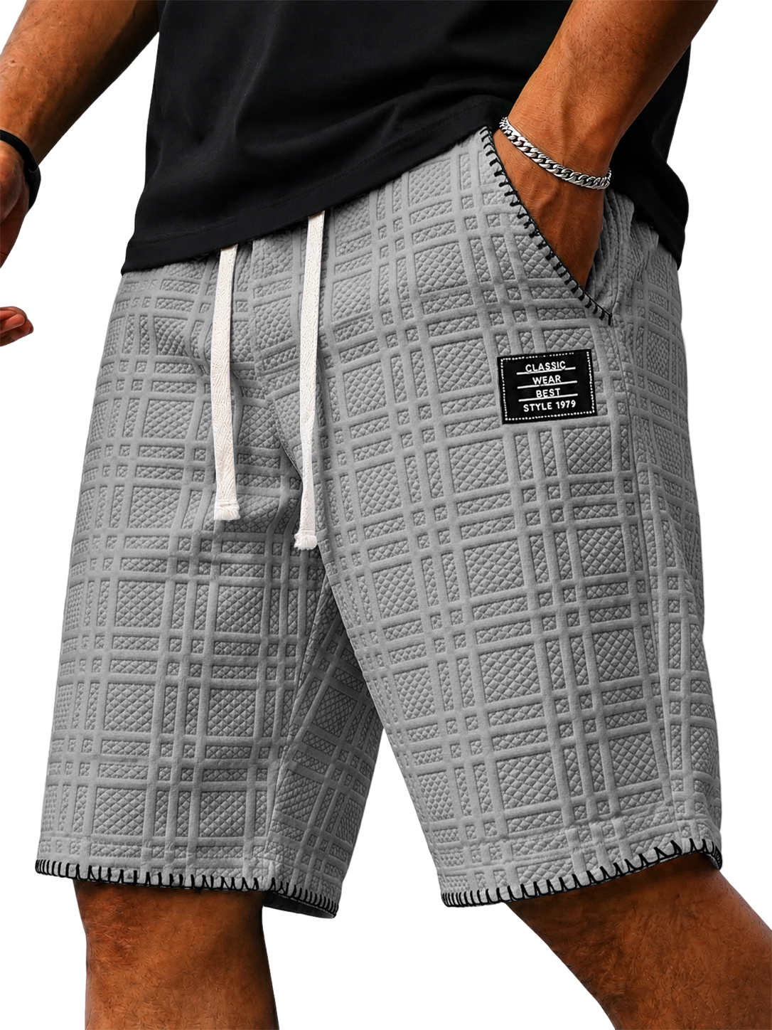Jacquard Plaid Textured Embroidered Logo Casual Shorts