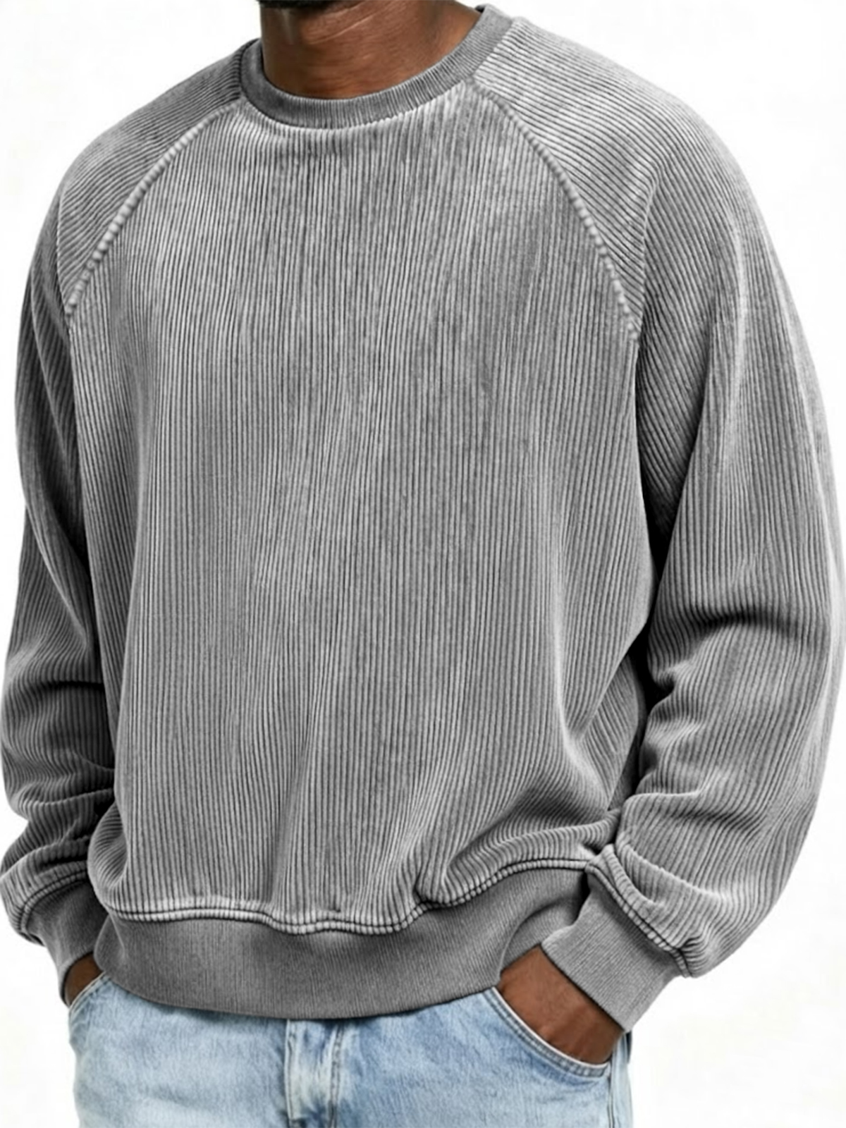Men's Simple Corduroy Ribbed Raglan Sleeve Crew Neck Pullover Sweatshirt