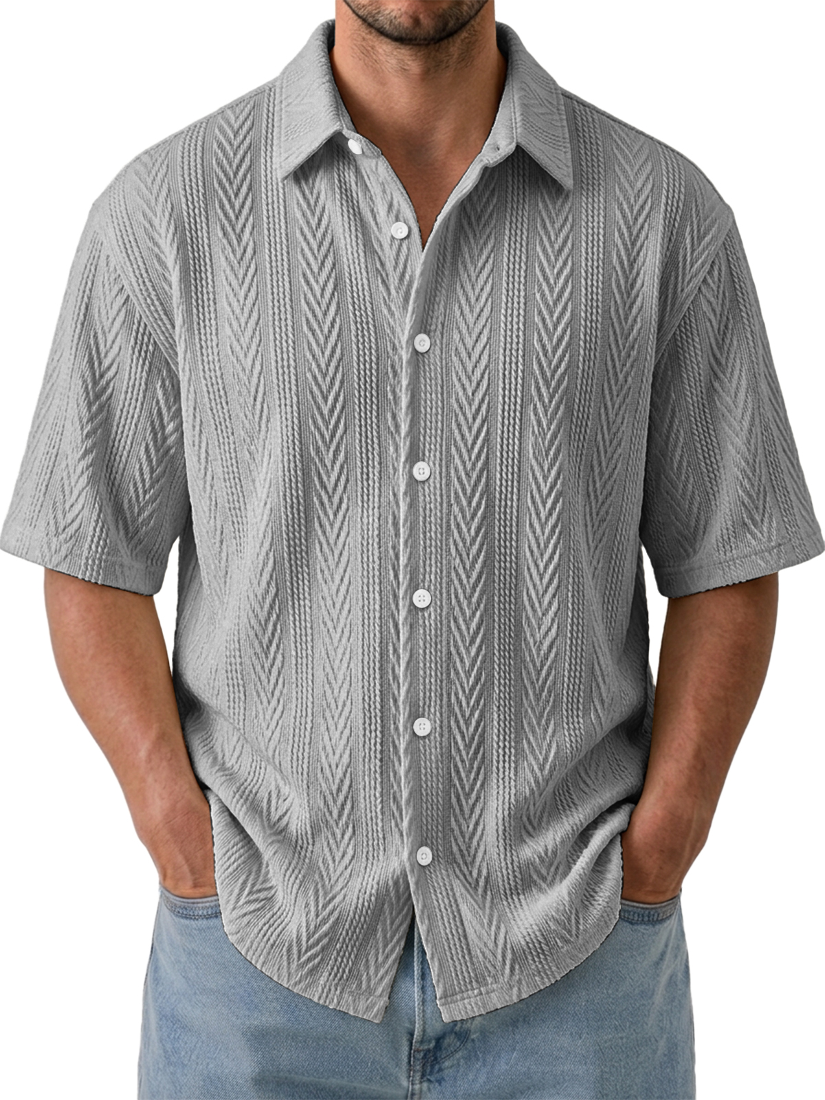 Men's Comfortable Casual Jacquard Wheat Ear Stripe Breathable Collared Short-Sleeve Shirt