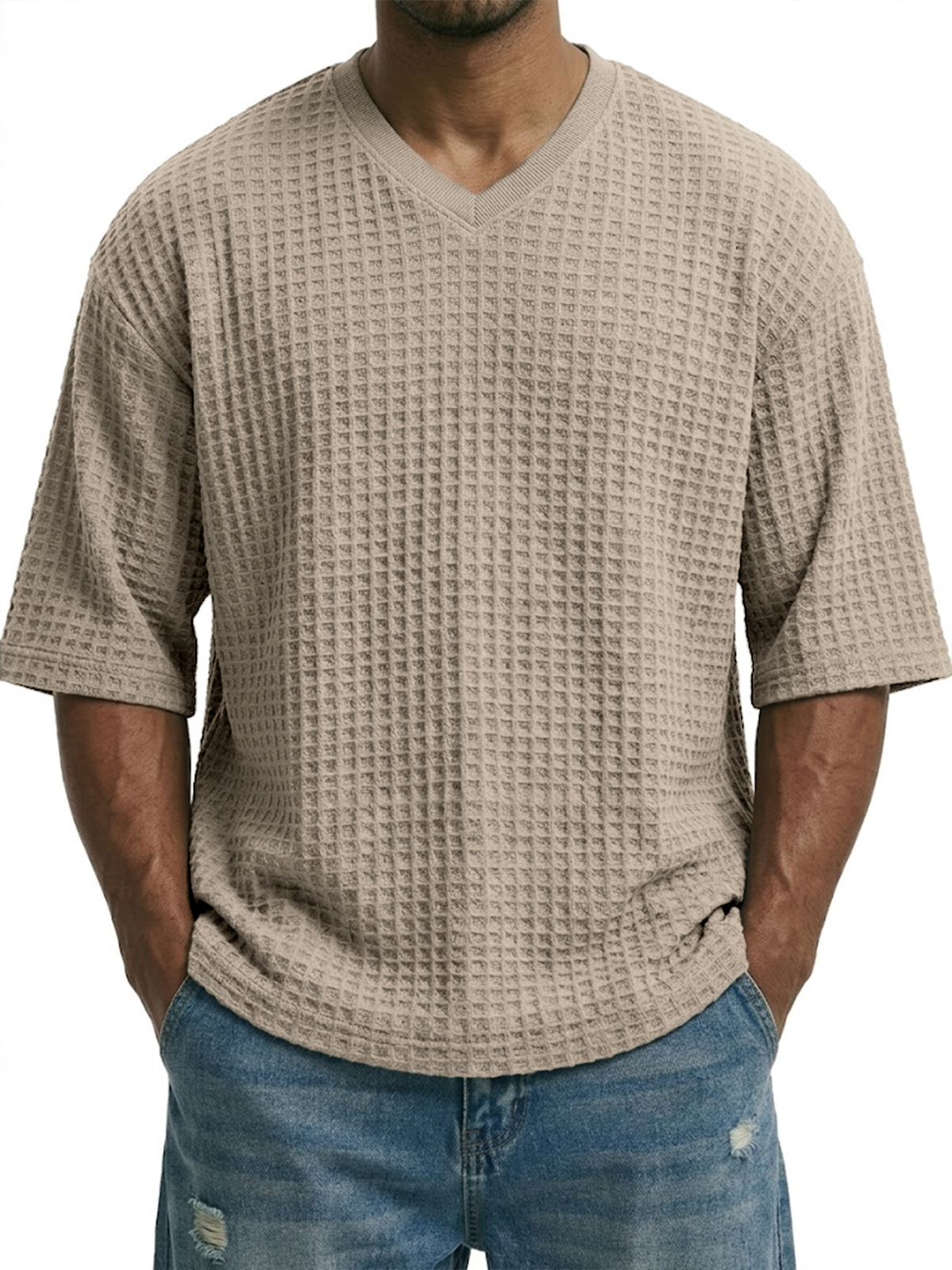 V-neck Pullover Waffle Knit Short-sleeved Top