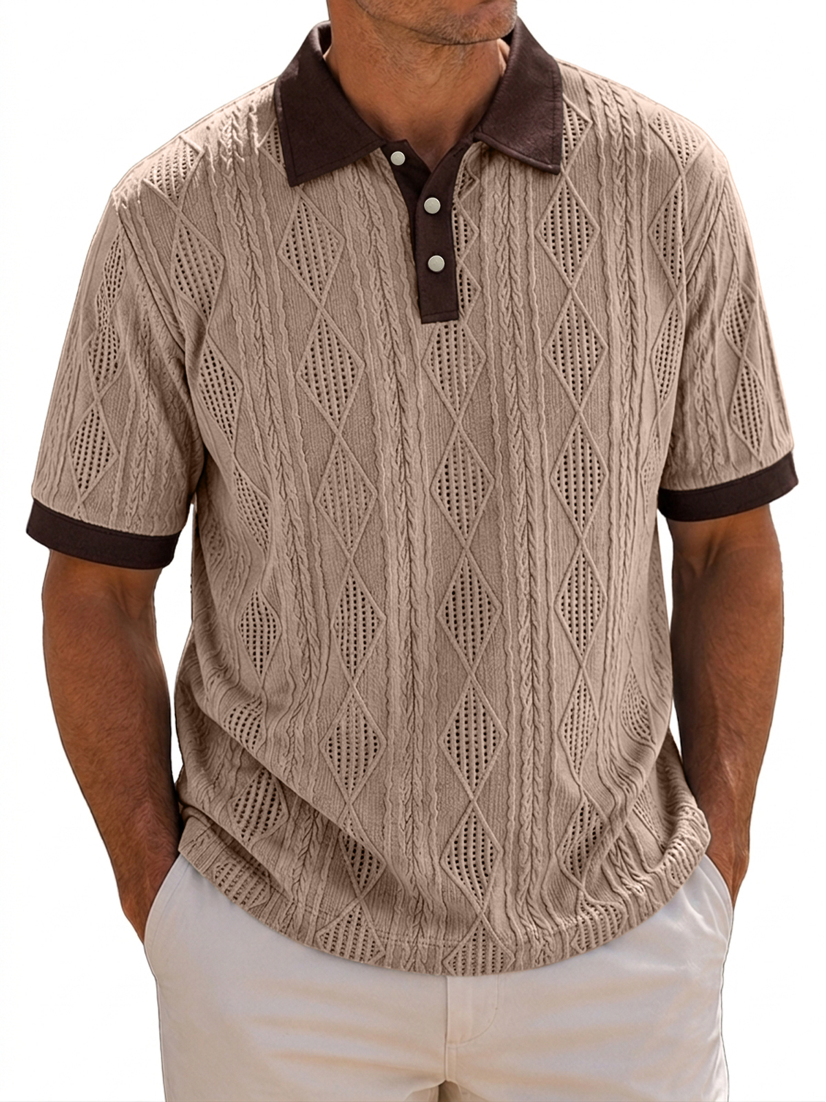 Men's Casual Jacquard Textured Breathable Collared Short Sleeve Polo Shirt