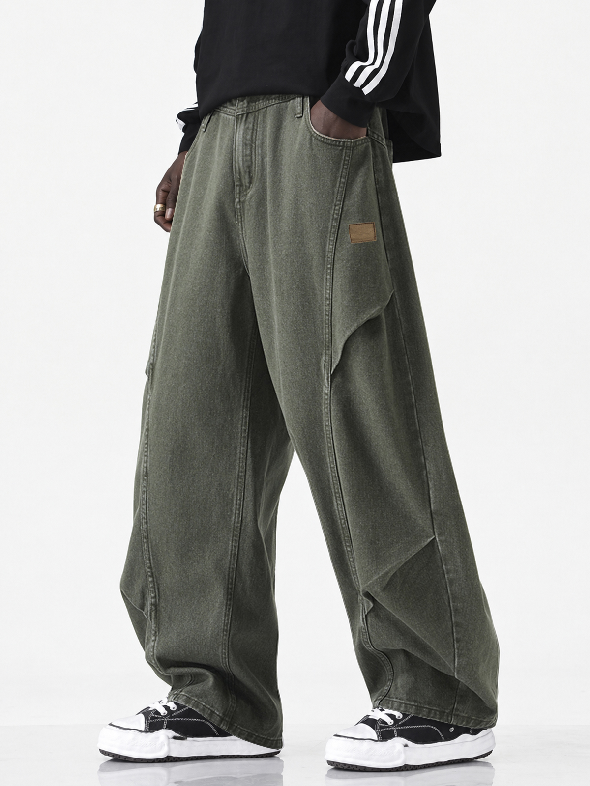 Men's Cotton Vintage-Washed Deconstructed Patchwork Curved-Leg Wide-Leg Jeans