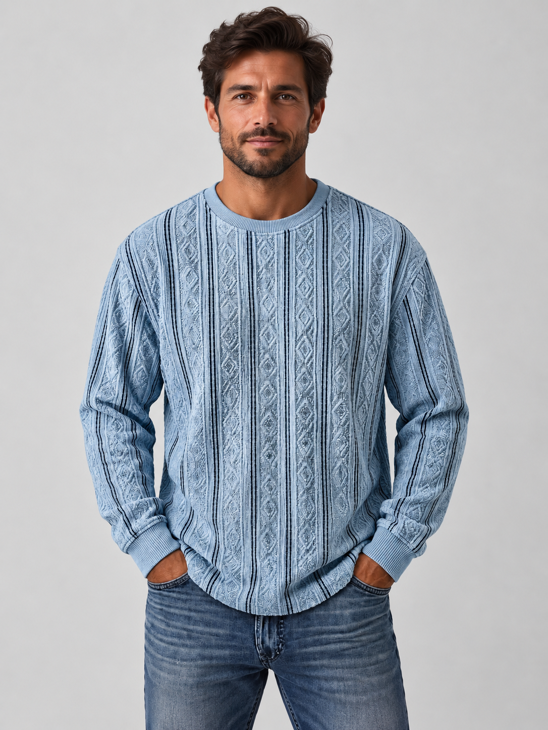 Vintage Striped Textured Vertical Stripe Crew Neck Top