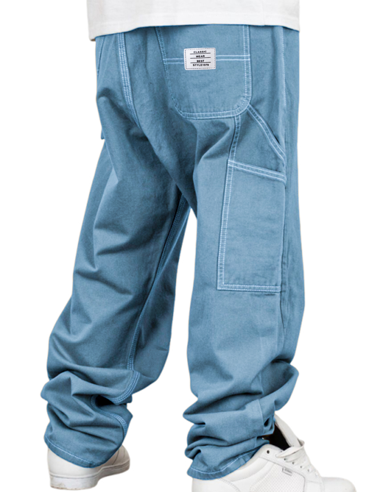 Men's Vintage Workwear Multi-pocket Casual Twill Cotton Trousers with Embroidered Label