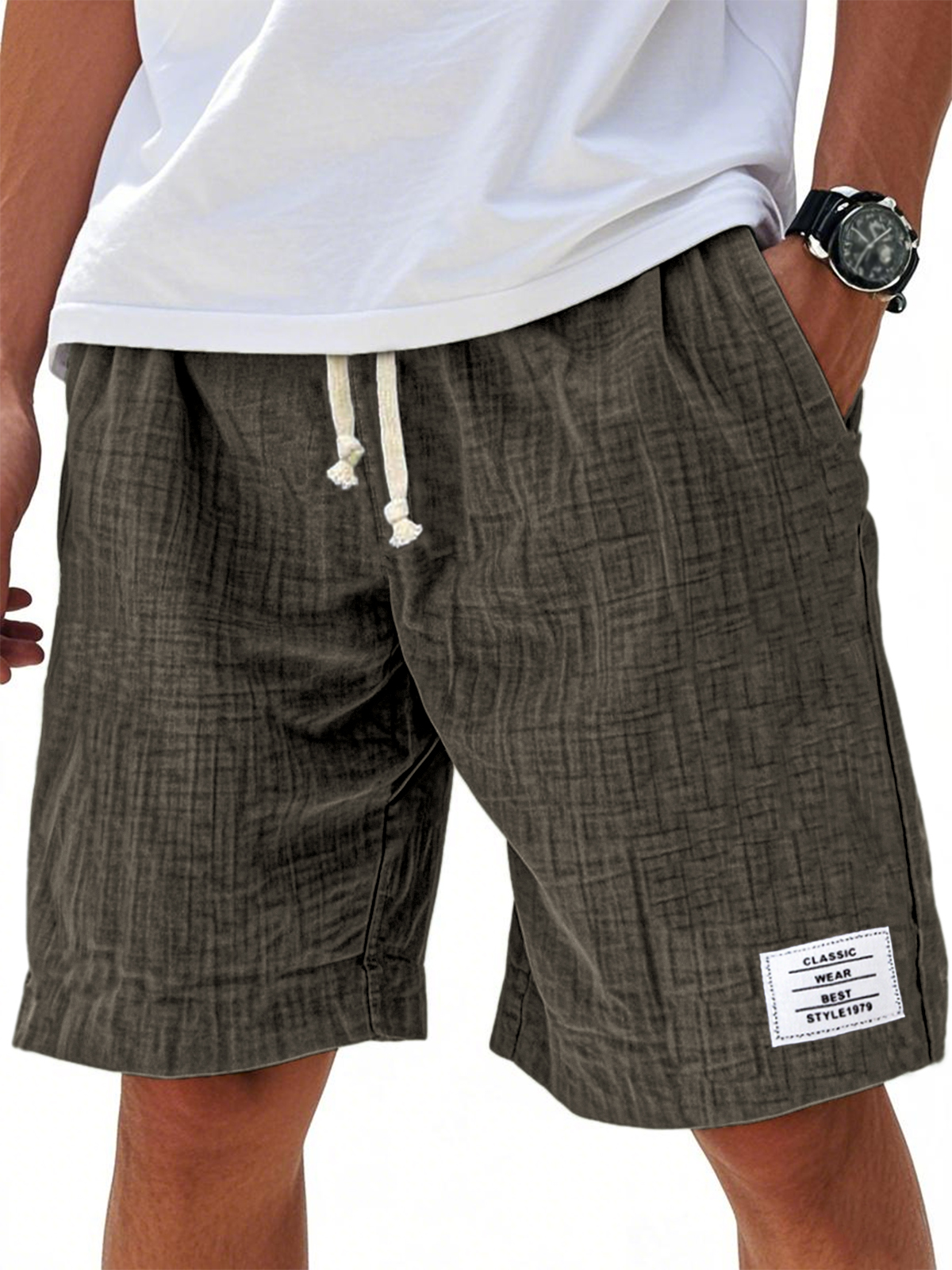 Men's Comfort Crepe Soft Simple Embroidered Label Casual Lace Up Everyday Shorts