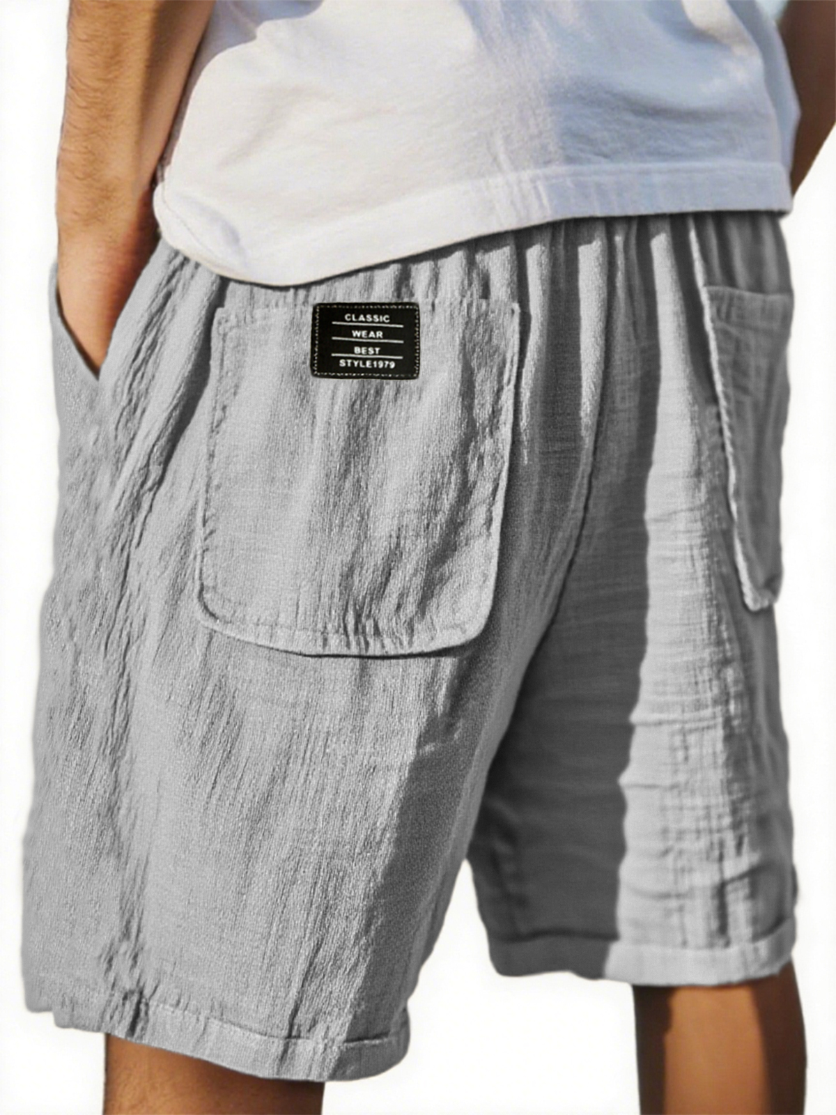Men's Crinkled Linen Multi-Pocket Embroidered Label Comfort Shorts