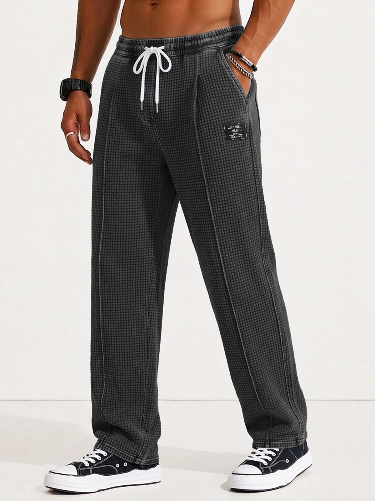 Men's Retro Distressed Waffle Knit Loose Casual Straight Leg Pants