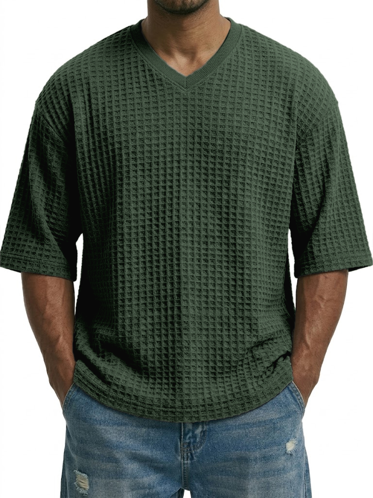 V-neck Pullover Waffle Knit Short-sleeved Top