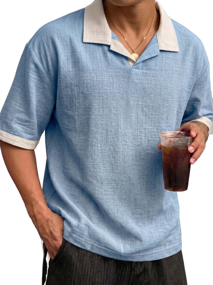 Men's Breathable Linen Color Block Pleated Resort Style Collared Shirt