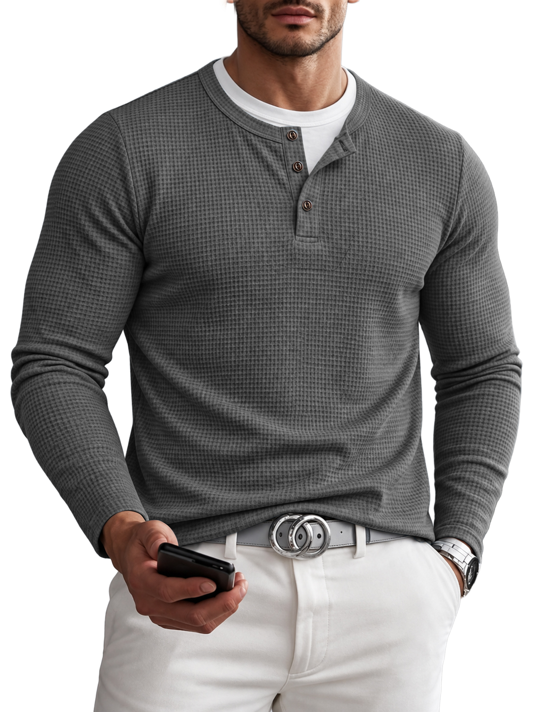 Men's Waffle Fake Two-Piece Henley Shirt
