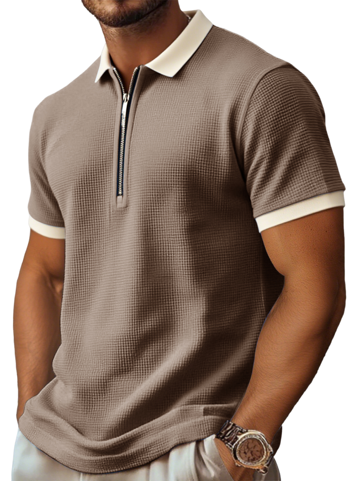 Men's Retro And Stylish Waffle Fabric With A Contrasting Zip-up Polo Shirt