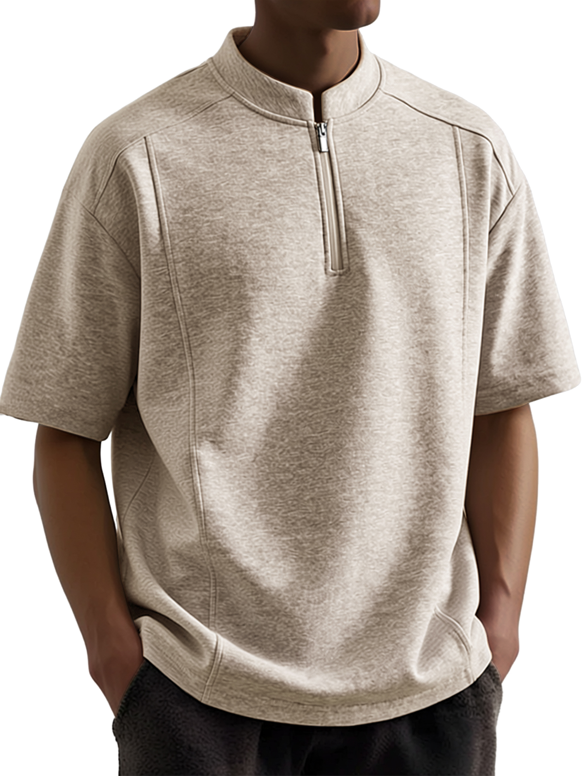 Men's Everyday Casual Deconstructed Design Quarter Zipper Short-Sleeve Henley Shirt