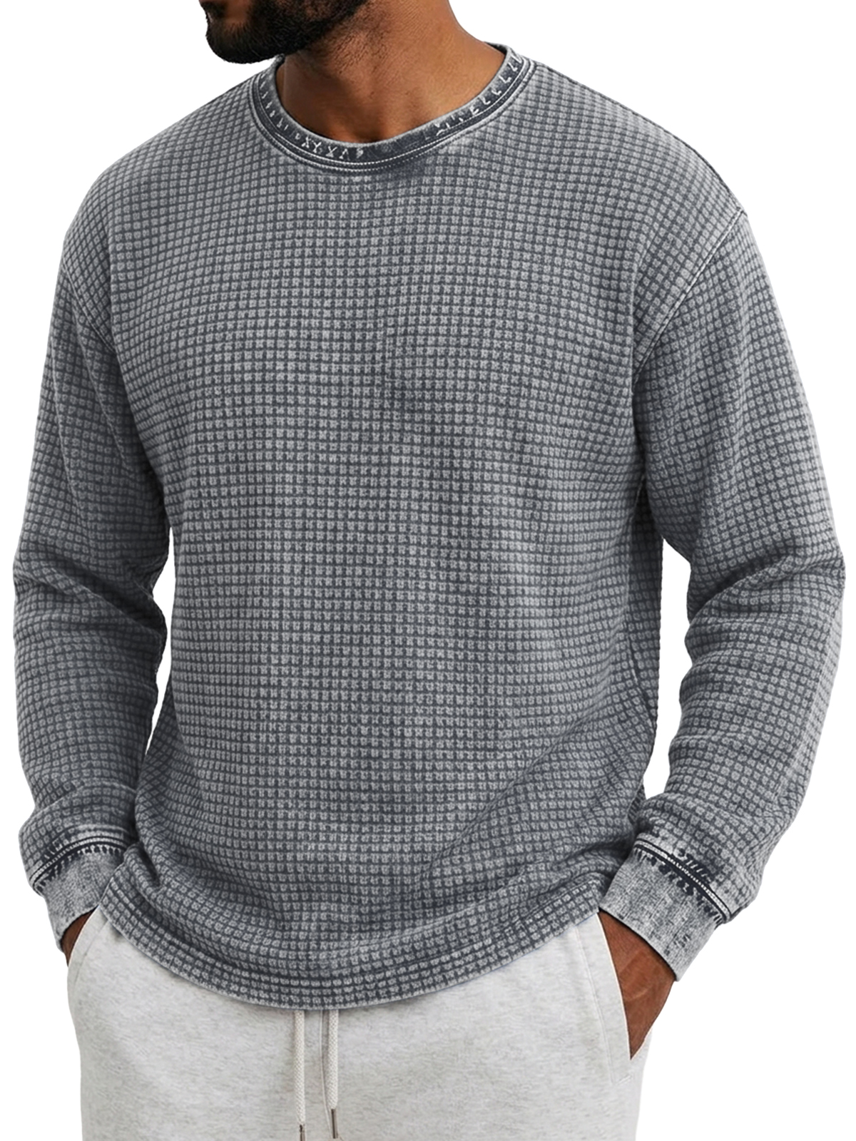 Men's Retro Distressed Waffle Knit Crew Neck Long-Sleeve T-Shirt