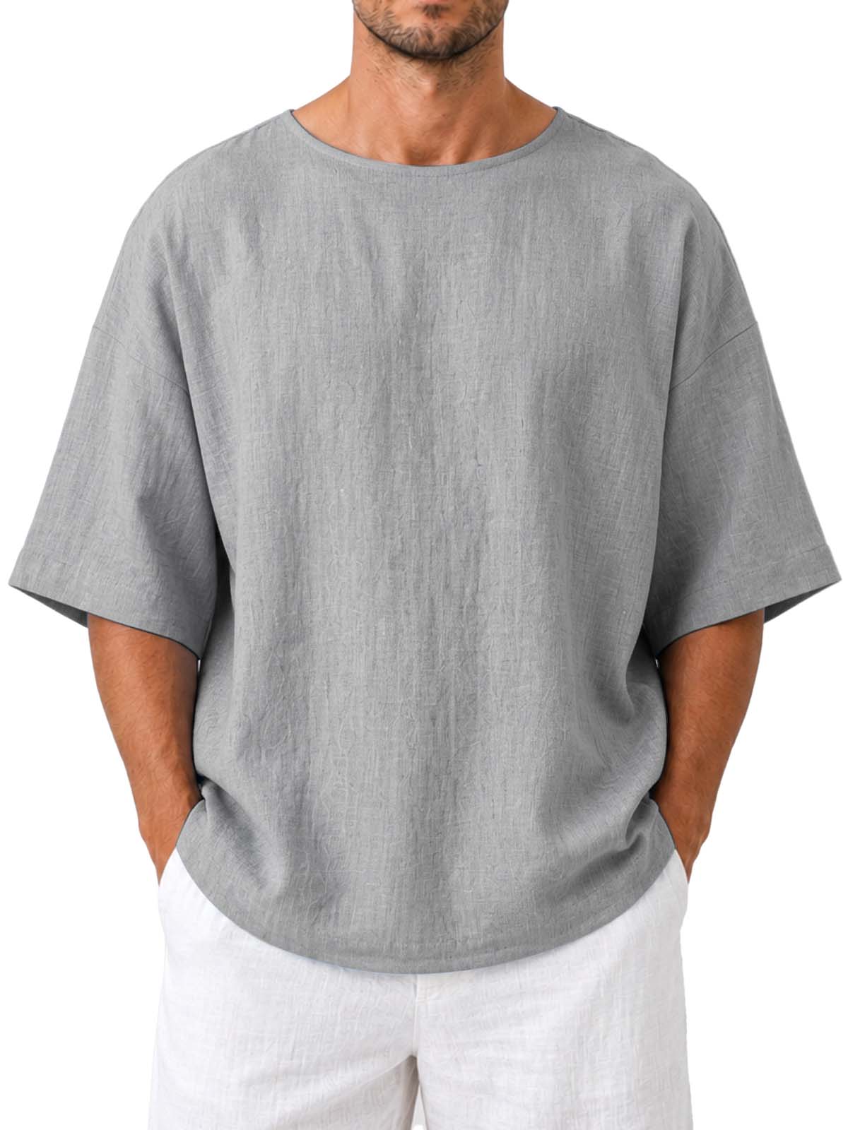 Cotton Linen Round Neck Loose Fit Casual Short Sleeve Top
