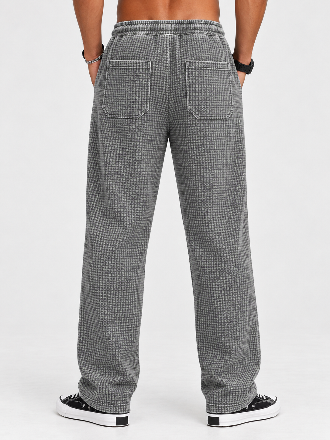 Men's Retro Distressed Waffle Knit Loose Casual Straight Leg Pants