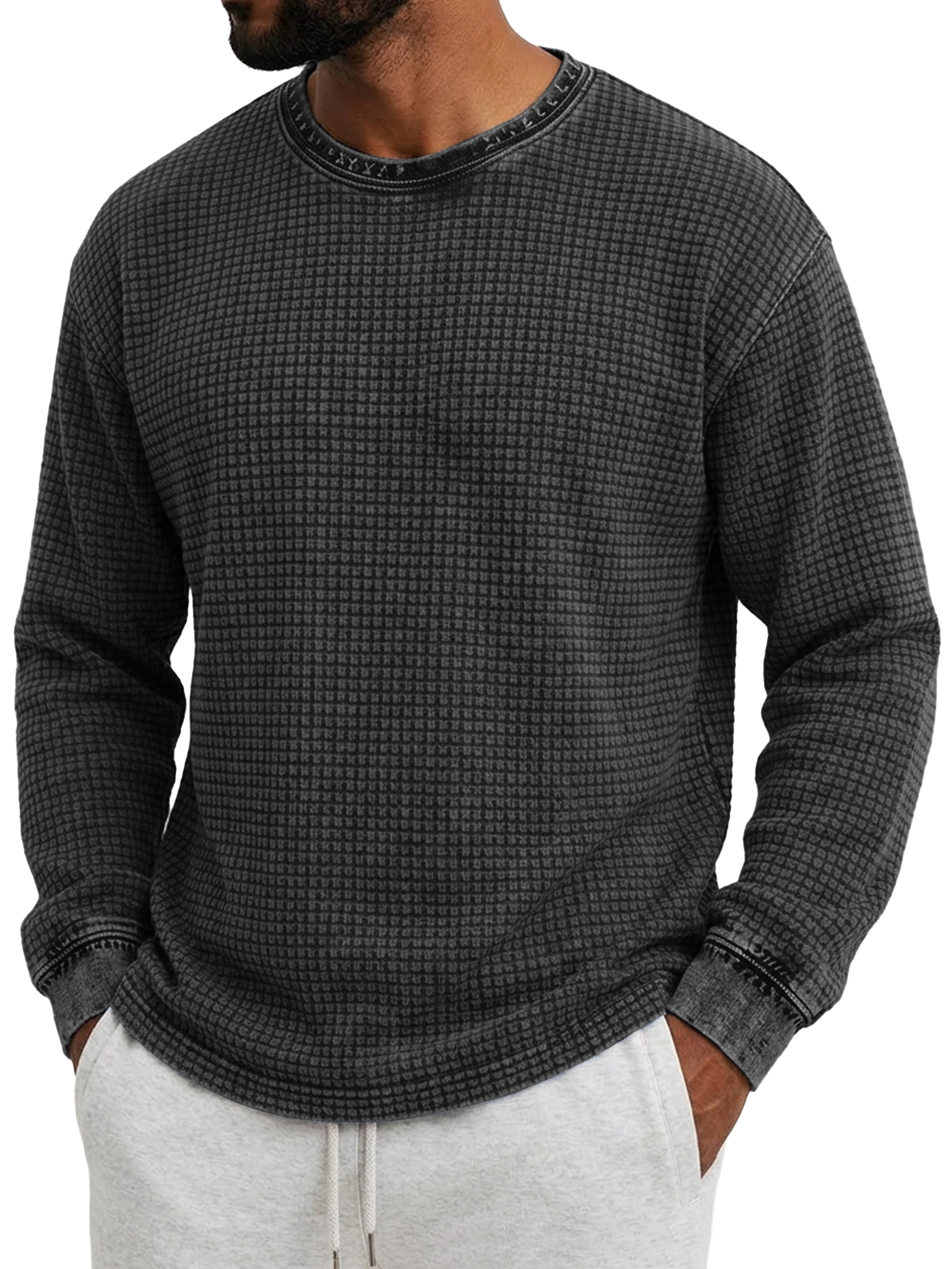 Men's Retro Distressed Waffle Knit Crew Neck Long-Sleeve T-Shirt