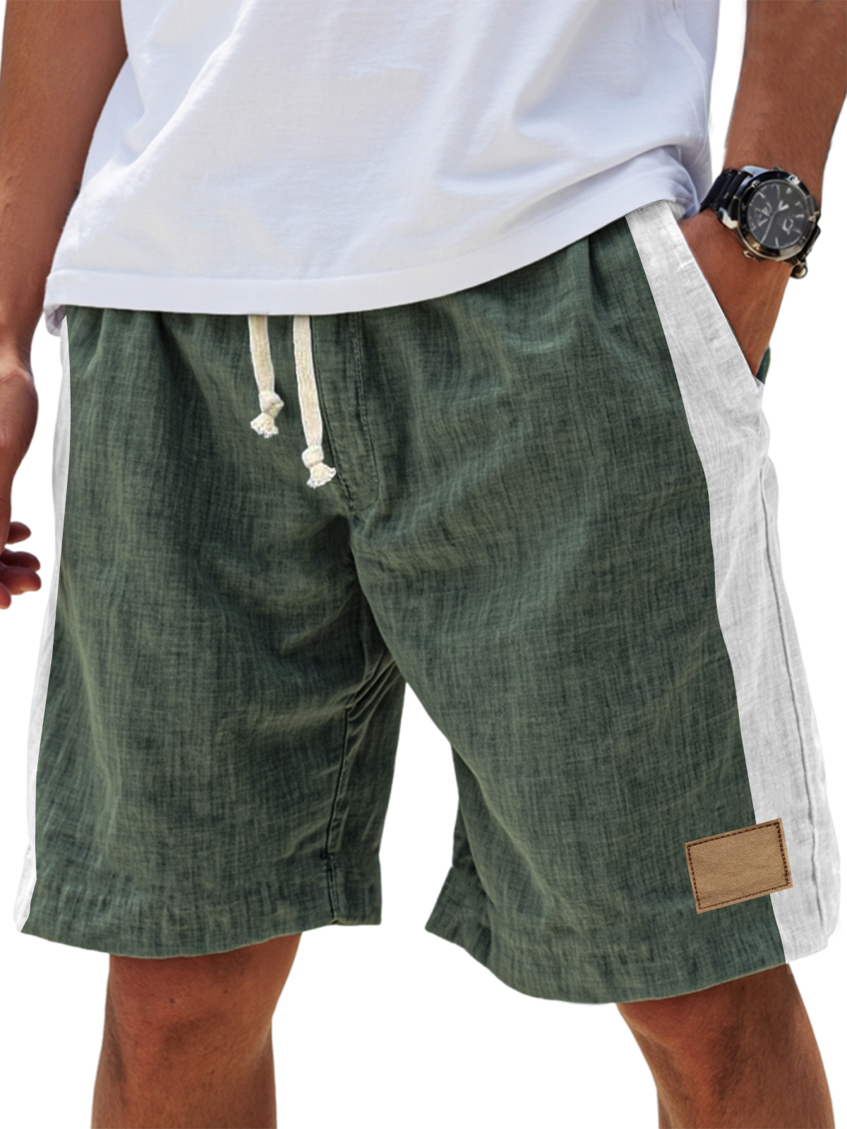 Men's Casual Breathable Linen Embroidered Logo Loose Fitting Vacation Color Blocked Shorts