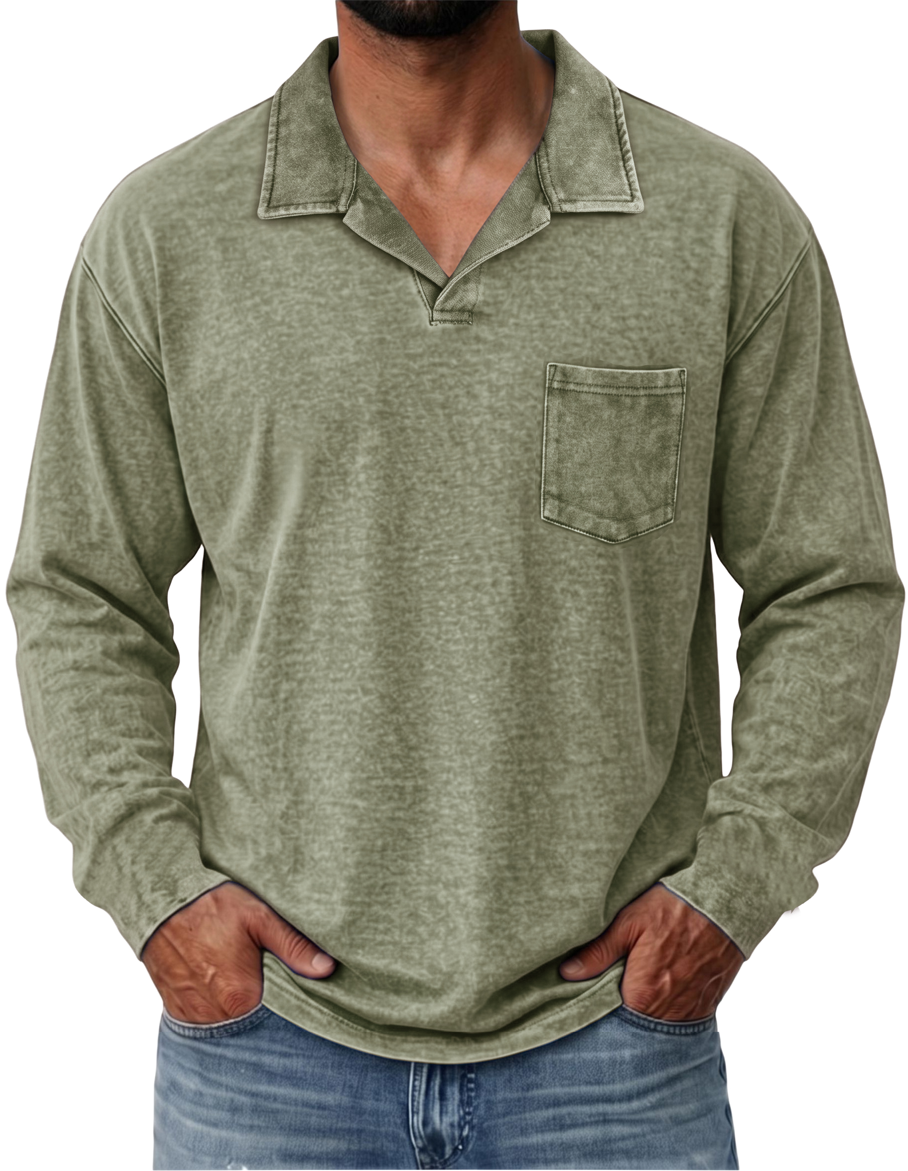 100% Cotton Vintage Washed Collared Pocket Pullover Long Sleeve Polo Shirt